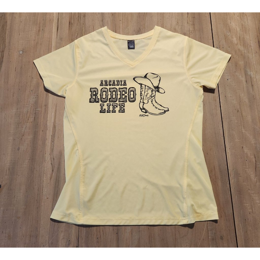 Arcadia Rodeo Life T-Shirt Cowgirl Boots V-Neck Western Yellow Womens Medium — image 2 of 8